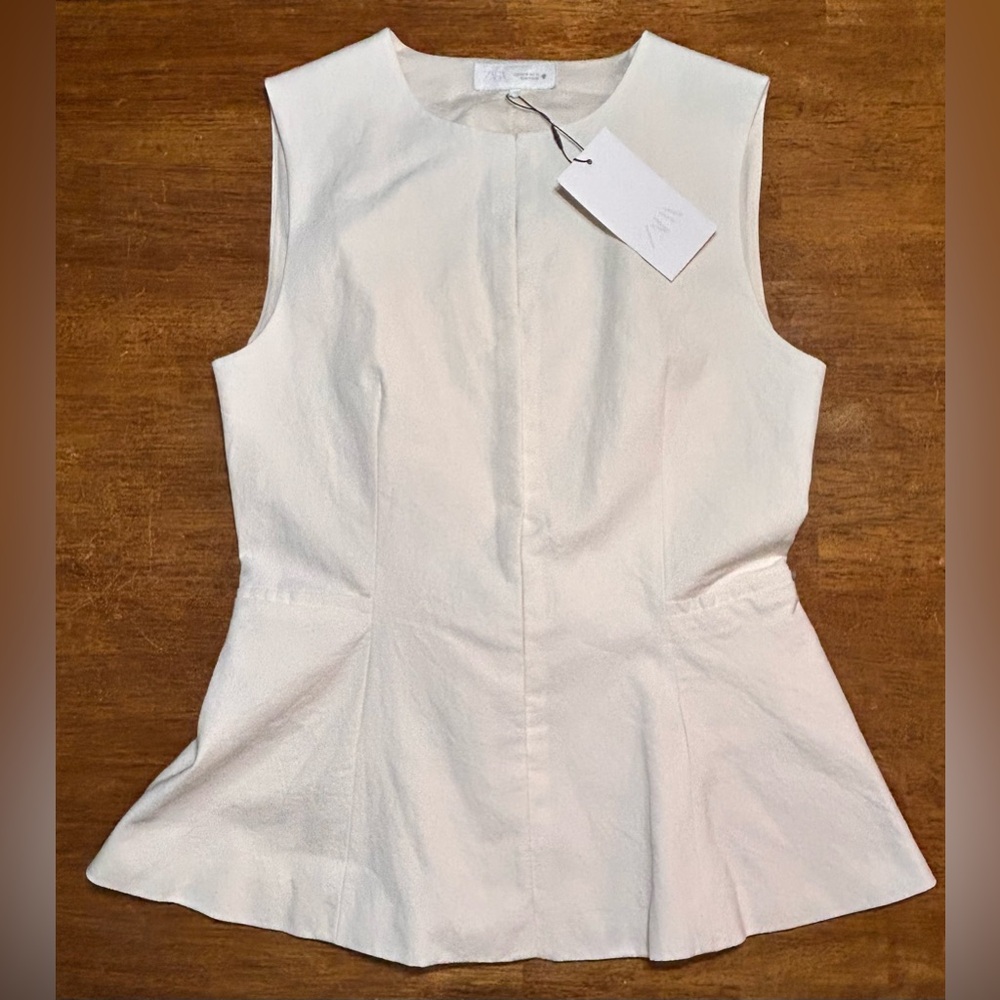 Zara Cream Interlock Peplum Sleeveless Top